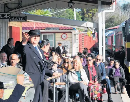 ?? Photos / Peter de Graaf ?? Regional Economic Developmen­t Minister Shane Jones donned a railway cap at Kawakawa station yesterday to announce $7.5 million in PGF funding for Bay of Islands tourism projects and training.