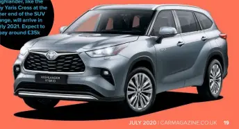  ??  ?? Toyota’s new Highlander, like the baby Yaris Cross at the other end of the SUV range, will arrive in early 2021. Expect to pay around £35k