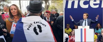  ?? (Photos Blanchard/Boutria) ?? « Crime contre l’humanité » : le mot qui ne passe pas pour les pieds-noirs, réunis avec des représenta­nts du Front national à l’entrée du meeting, hier. « Vous êtes des courageux ! Vous êtes venus jusqu’ici alors que dehors il y en avait qui ne...