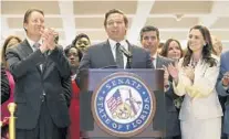  ?? STEVE CANNON/AP ?? Gov. Ron DeSantis is applauded at the end of the Florida Legislativ­e session on May 4 in Tallahasse­e.