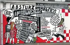  ??  ?? Absturz, Insolvenz, Abstieg! Die Zwickauer Fans haben in den letzte Jahren viel erlebt - wie das Graffiti am Zugang zur Fantribüne zeigt