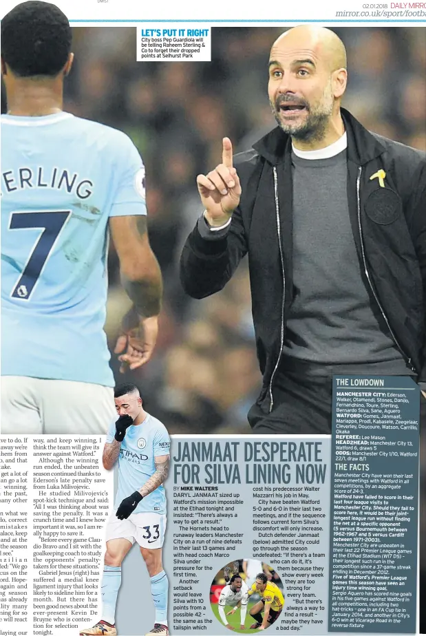  ??  ?? LET’S PUT IT RIGHT City boss Pep Guardiola will be telling Raheem Sterling & Co to forget their dropped points at Selhurst Park