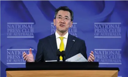  ?? Photograph: Lukas Coch/AP ?? Japan’s ambassador to Australia, Shingo Yamagami, addressed the National Press Club in Canberra on Wednesday, calling for Japan and Australia to lift their overall defence ties to ‘unpreceden­ted’ levels.