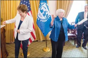  ??  ?? Secretary of Treasury Janet Yellen and Managing Director of the IMF Kristalina Georgieva talk during their meeting at the Department of the Treasury in Washington, Thursday, July 1, 2021. (AP)