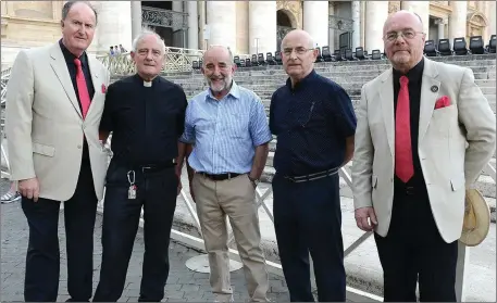  ??  ?? Tom Reilly, Chairman Drogheda Male Voice Choir, Brother Christy Kierans , Ricky Gerrard, Peter Kierans and Tommy Finnegan at St Peter’s Square Rome. Picture: Jimmy Weldon.