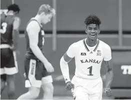  ?? CHARLIE RIEDEL AP ?? Kansas’ Tyon Grant-foster celebrates after the final whistle against North Dakota State on Saturday. The JC transfer played big in the final moments.