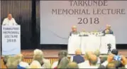  ?? BURHAAN KINU/HT ?? Ashoka University VC Pratap Bhanu Mehta speaks at the 11th VM Tarkunde Memorial Lecture in New Delhi on Friday.
