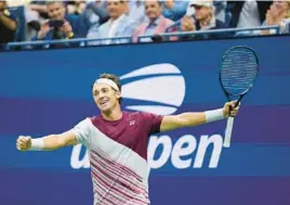  ?? SETH WENIG/AP ?? No. 5 seed Casper Ruud celebrates after beating 13th-seeded Matteo Berrettini of Italy 6-1, 6-4, 7-6 (4) on Tuesday to advance to the semifinals of the U.S. Open.