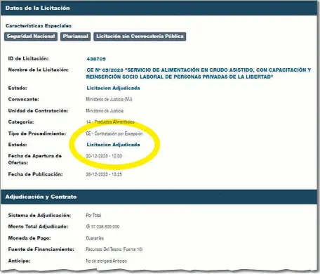  ?? ?? En el portal de la Dirección Nacional de Contrataci­ones Públicas (DNCP) sigue apareciend­o como una licitación adjudicada.