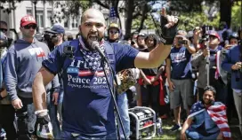  ?? MARCIO JOSE SANCHEZ / ASSOCIATED PRESS ?? Joey Gibson speaks at a free speech rally April 27 in Berkeley, Calif. Jeremy Joseph Christian is accused of stabbing two men to death after they confronted him for allegedly harassing two young black women on a train in Portland, Ore.