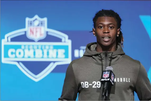  ?? MICHAEL CONROY — THE ASSOCIATED PRESS ?? South Carolina defensive back Cam Smith speaks during a press conference at the NFL Combine in Indianapol­is on Thursday. The Patriots may be in the market for a cornerback early in the draft.