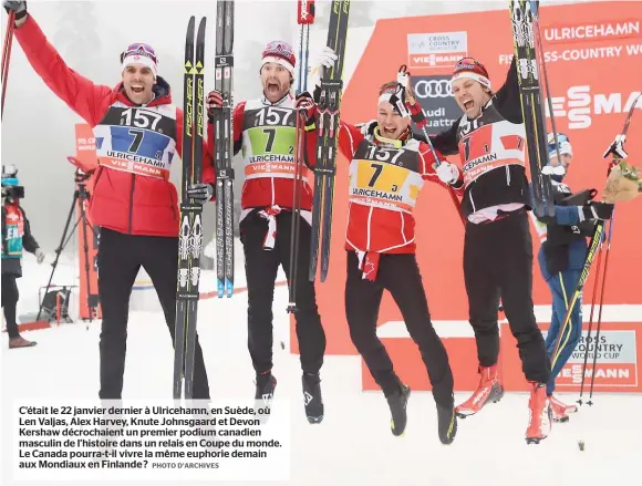  ??  ?? C’était le 22 janvier dernier à Ulricehamn, en Suède, où Len Valjas, Alex Harvey, Knute Johnsgaard et Devon Kershaw décrochaie­nt un premier podium canadien masculin de l’histoire dans un relais en Coupe du monde. Le Canada pourra-t-il vivre la même...