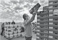  ??  ?? Juan Carlos Gonzalez stacks boxes of tomatoes at the event sponsored by Broadway Bank, which donated $50,000.