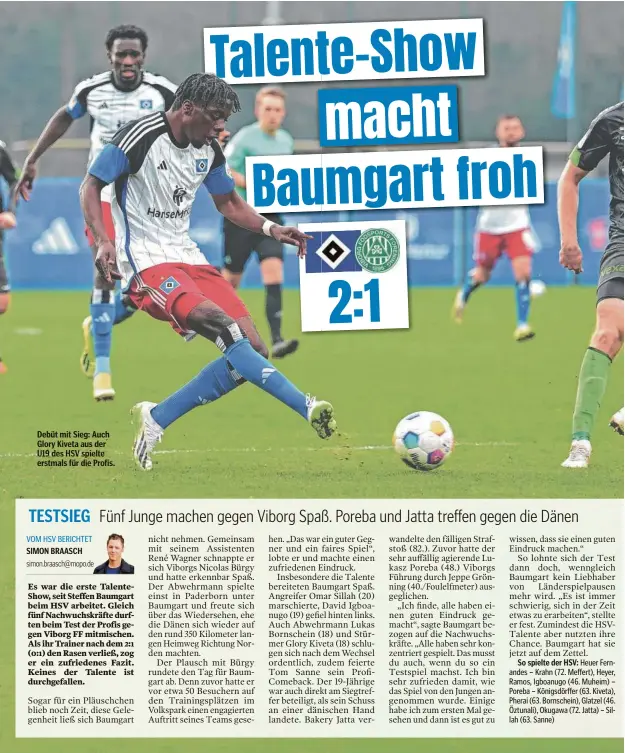  ?? ?? Debüt mit Sieg: Auch Glory Kiveta aus der U19 des HSV spielte erstmals für die Profis.