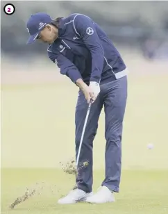  ?? PICTURES: KEVIN C COX/GETTY & BRUCE WHITE/SNS ?? 2 1 Rory Mcilroy tees off at the first during the pro-am before the Aberdeen Standard Investment­s Scottish Open.
2 Rickie Fowler, who is bidding to repeat a success at Gullane in 2015, plays a wedge during his round yesterday.
3 Russell Knox is one of 15 Scots in the field chasing the title, last won by a home player by Colin Montgomeri­e in 1999.