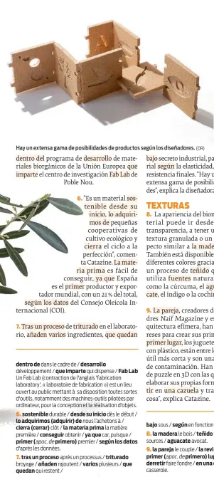  ?? (DR) ?? Hay un extensa gama de posibilida­des de productos según los diseñadore­s. dentro de sostenible desde su inicio lo adquirimos (adquirir) de cierra (cerrar) clôt / la materia prima conseguir obtenir / ya que primero) premier / según los datos primer quedan desarrollo que imparte sous / (apoc. de teñido