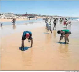  ?? ALBERTO DOMÍNGUEZ ?? Varios onubenses recogen coquinas en la orilla de la playa.