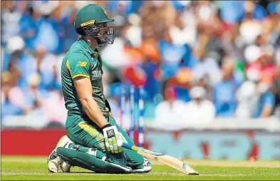  ?? Picture: GETTY IMAGES ?? LOOK OF DISBELIEF: South Africa’s Faf du Plessis looks on after David Miller’s run out during their Champions trophy match against India at The Oval in London yesterday