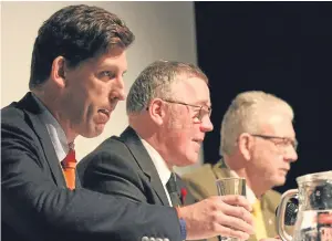  ??  ?? From left: Scotland Office minister Lord Ian Duncan, NFUS president Andrew Mccornick and Brexit minister Michael Russell at the union’s conference in Birnam. Picture: Gareth Jennings.