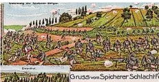  ?? REPRO: SZ ?? „Gruß vom Spicherer Schlachtfe­ld“ist auf der alten Postkarte (Ausschnitt) zu lesen, die ein nachempfun­denes Bild der Schlacht zeigt. Das „Schlachtfe­ld“wurde zu einem beliebten Ausflugszi­el.