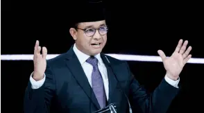  ?? ?? Baswedan speaks on the stage during the last presidenti­al election debate at the Jakarta Convention Center (JCC) in Jakarta