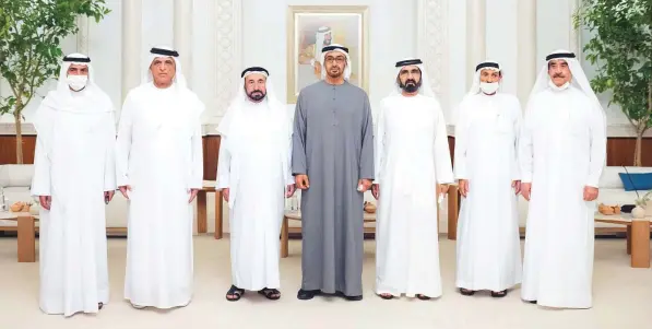  ?? WAM ?? Shaikh Mohammad Bin Zayed, Shaikh Mohammad Bin Rashid and Dr Shaikh Sultan and Rulers of the Emirates during their meeting at Mushrif Palace yesterday.