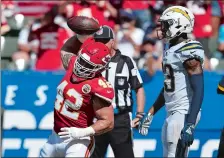  ?? AP FILE PHOTO ?? Anthony Sherman gets ready to spike the football after scoring a touchdown in a 2018 game against the Los Angeles Chargers.