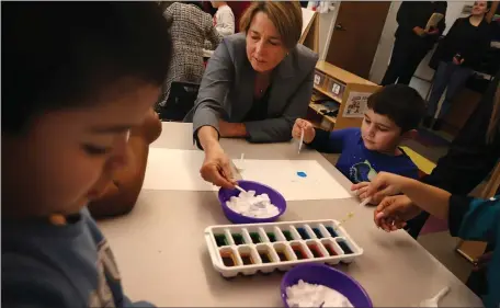  ?? NANCY LANE — BOSTON HERALD ?? Gov. Maura Healey, seen here at the Y Academy preschool at Lynn’s Demakes Family YMCA on Monday, is hoping to give SNAP recipients an “off-ramp” from decreasing benefits.