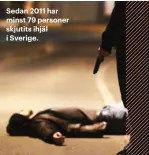  ??  ?? Sedan 2011 har minst 79 personer skjutits ihjäl i Sverige.