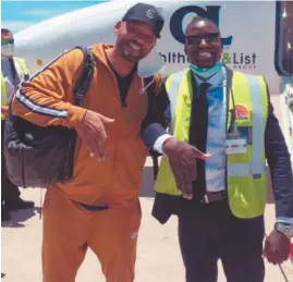  ?? Photo: Contribute­d ?? Touch down… Will Smith is seen with Eben Nengola, Namibia Airport Company’s commercial officer at Hosea Kutako Internatio­nal Airport after he arrived in Namibia this week with Fly Westair.