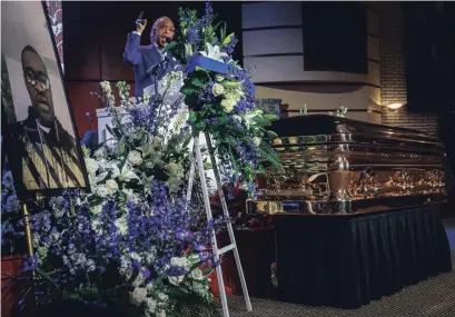  ?? BEBETO MATTHEWS THE ASSOCIATED PRESS ?? Rev. Al Sharpton delivers the eulogy at the funeral of George Floyd at North Central University on Thursday in Minneapoli­s.