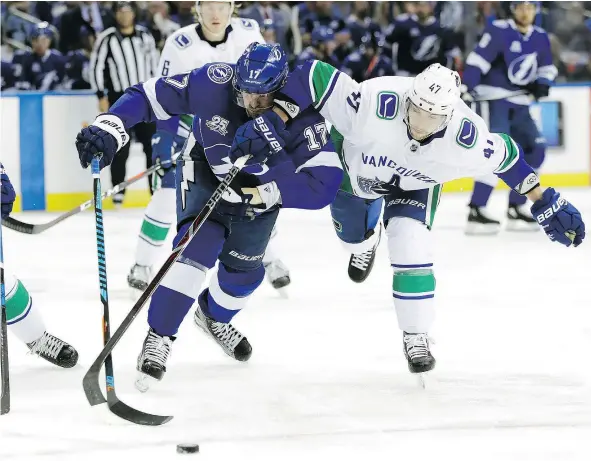  ?? — THE ASSOCIATED PRESS FILES ?? Canucks winger Sven Baertschi, at right, battling with Tampa Bay’s Alex Killorn, showed flashes of promise while playing with Bo Horvat and Brock Boeser last season, but must do more to prove he should be part of Vancouver’s long-term plans.