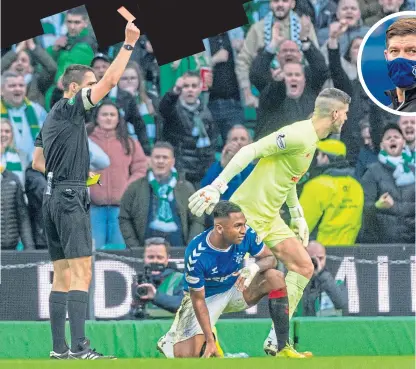  ??  ?? Alfredo Morelos is sent off at Celtic Park, one of his two red cards last season. Steven Gerrard (inset) won’t want a repeat