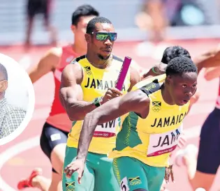  ?? GLADSTONE TAYLOR/MULTIMEDIA PHOTO EDITOR ?? Jamaica’s Yohan Blake hands the baton to anchor-leg runner Oblique Seville (right) in the heats of the 4x100m relays at last summer’s Olympic Games in Tokyo, Japan.