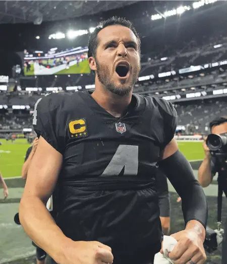  ?? KIRBY LEE/ USA TODAY SPORTS ?? Derek Carr celebrates the Raiders’ overtime victory against the Ravens at Allegiant Stadium.