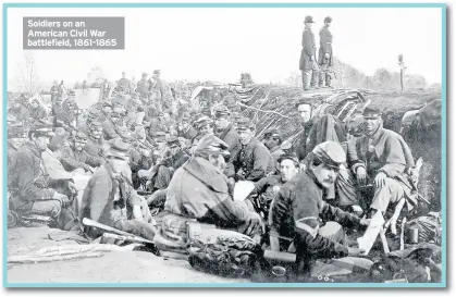  ??  ?? Soldiers on an American Civil War battlefiel­d, 1861-1865