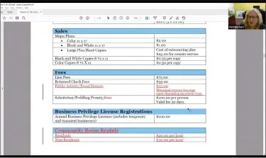  ?? SCREENSHOT OF ONLINE MEETING ?? North Wales borough Manager Christine Hart, inset, tells council about changes to the town’s 2021 permit and fee schedule highlighte­d in red, during the Dec. 8 2020 council meeting.