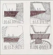  ?? Frank Gehry ?? ORIGINAL SKETCHES of “Available Light’s” asymmetric­al stage in 1983 by Frank Gehry, who had to redesign the staging for the new work to accommodat­e the travel requiremen­ts.