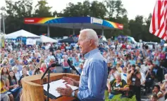  ?? (Randall Hill/Reuters) ?? DEMOCRATIC PRESIDENTI­AL CANDIDATE Joe Biden addresses the Presidenti­al Galivants Ferry Stump Meeting in Gallivants Ferry, South Carolina, earlier this month.