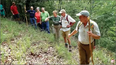  ?? NWA Democrat-Gazette/FLIP PUTTHOFF ?? George Riggin (right) leads a group of Hill ‘N Dale Hiking Club members around the trail.