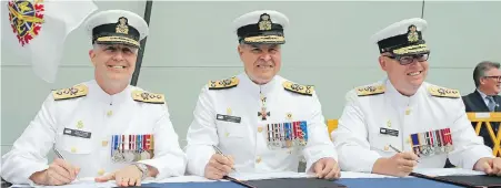  ?? ROYAL CANADIAN NAVY ?? From left: Rear Admiral Art McDonald, Vice Admiral Ron Lloyd and Rear Admiral Bob Auchterlon­ie, who succeeds McDonald as commander of Canada’s Maritime Forces Pacific.