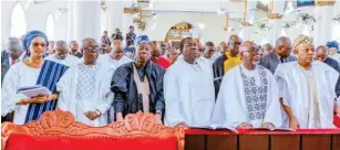  ?? PHOTO: State House ?? From right: Vice president, Senator Kashim Shettima; Ondo State Governor, Hon. Lucky Orimisan Aiyedatiwa; Secretary to the Government of the Federation (SGF), George Akume; National Chairman of the All Progressiv­es Congress (APC), Abdullahi Ganduje with other dignitarie­s, during the funeral service of former Ondo State Governor, Late Oluwarotim­i Akeredolu in Owo, Ondo State on Friday