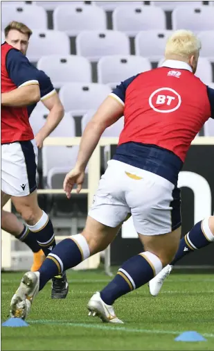  ??  ?? Duhan van der Merwe is put through his paces at Scotland training. The