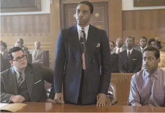  ??  ?? COURT FIGHT: Chadwick Boseman, above center with Josh Gad and Sterling K. Brown, from left, stars as NAACP lawyer Thurgood Marshall. Dan Stevens, right, plays prosecutor Loren Willis. Kate Hudson, top left, plays the alleged victim.