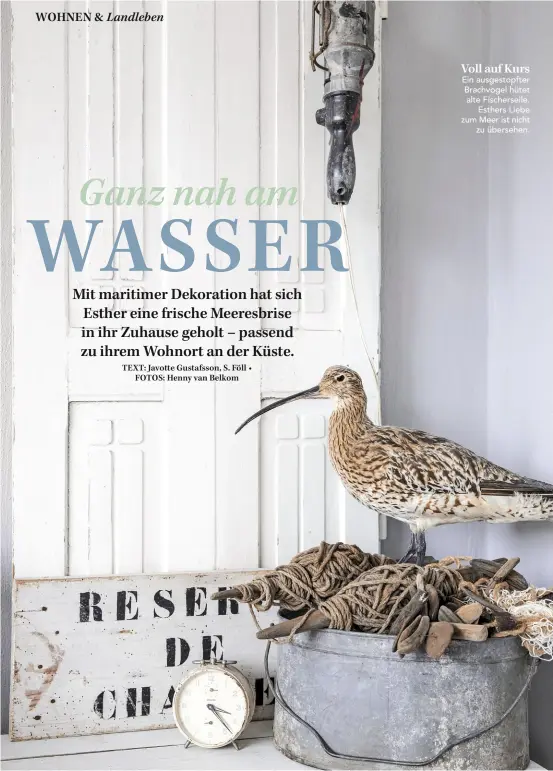  ??  ?? Ein ausgestopf­ter Brachvogel hütet alte Fischersei­le. Esthers Liebe zum Meer ist nicht zu übersehen. Voll auf Kurs