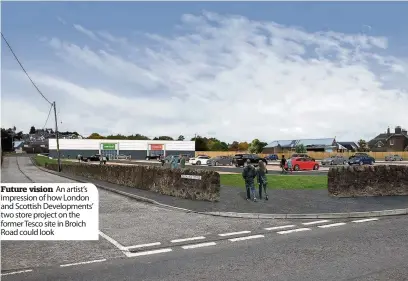  ??  ?? Future vision An artist’s impression of how London and Scottish Developmen­ts’ two store project on the former Tesco site in Broich Road could look