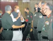  ?? ANI ?? Defence minister Rajnath Singh with army chief General MM Naravane at the commanders’ conference on Wednesday.