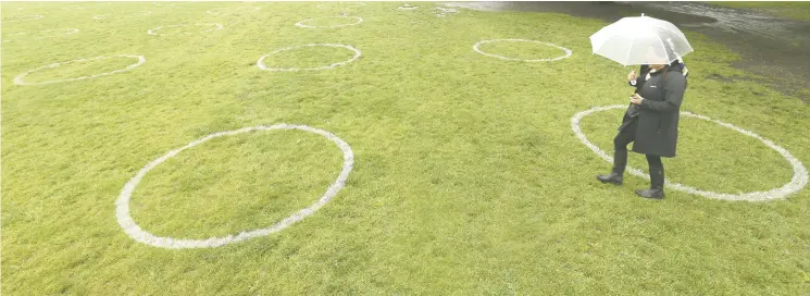  ?? Jack Boland / Toronto Sun / Postmedia Netwo rk ?? The City of Toronto has painted physical- distancing circles at Trinity-bellwoods Park. Two to three people can use the rings to converse or for leisure, according to city officials.