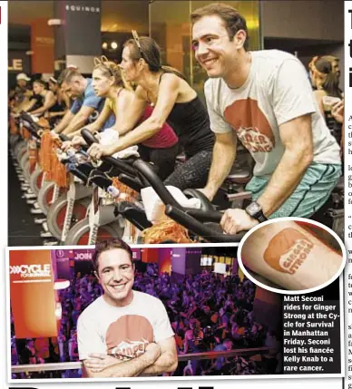  ??  ?? Matt Seconi rides for Ginger Strong at the Cycle for Survival in Manhattan Friday. Seconi lost his fiancée Kelly Knab to a rare cancer.