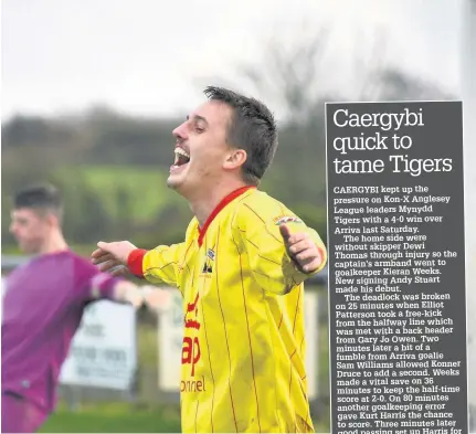  ??  ?? Goal machine Asa Thomas celebrates another hat-trick for Holyhead Town